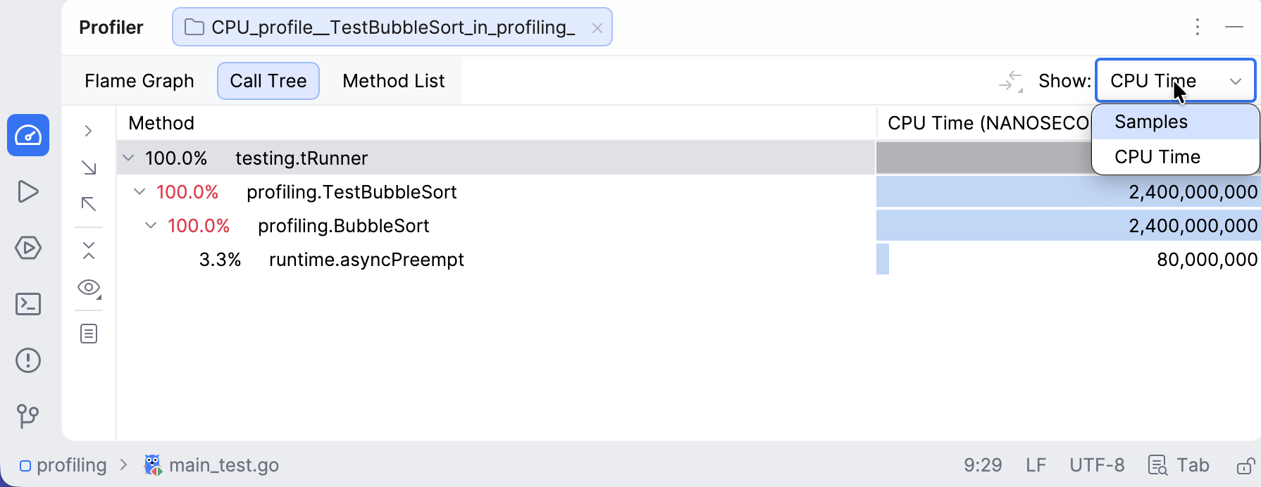 Call tree view in the CPU profiler Call tree view in the CPU profiler