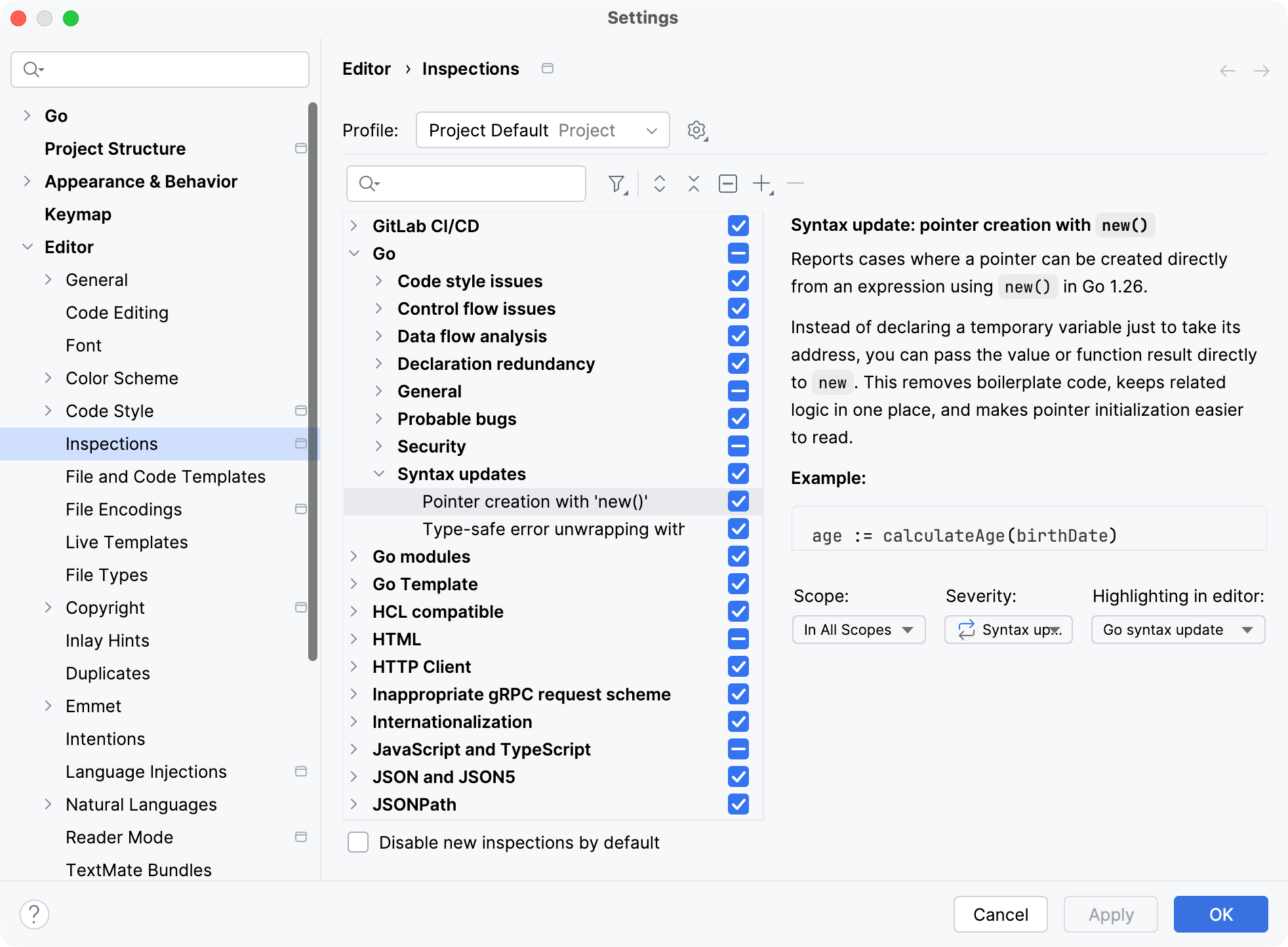 Change severity for syntax updates