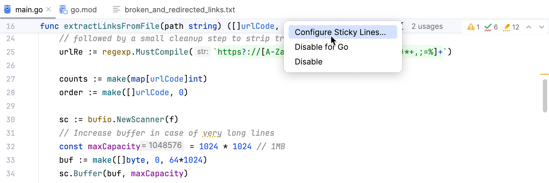 Configure sticky lines