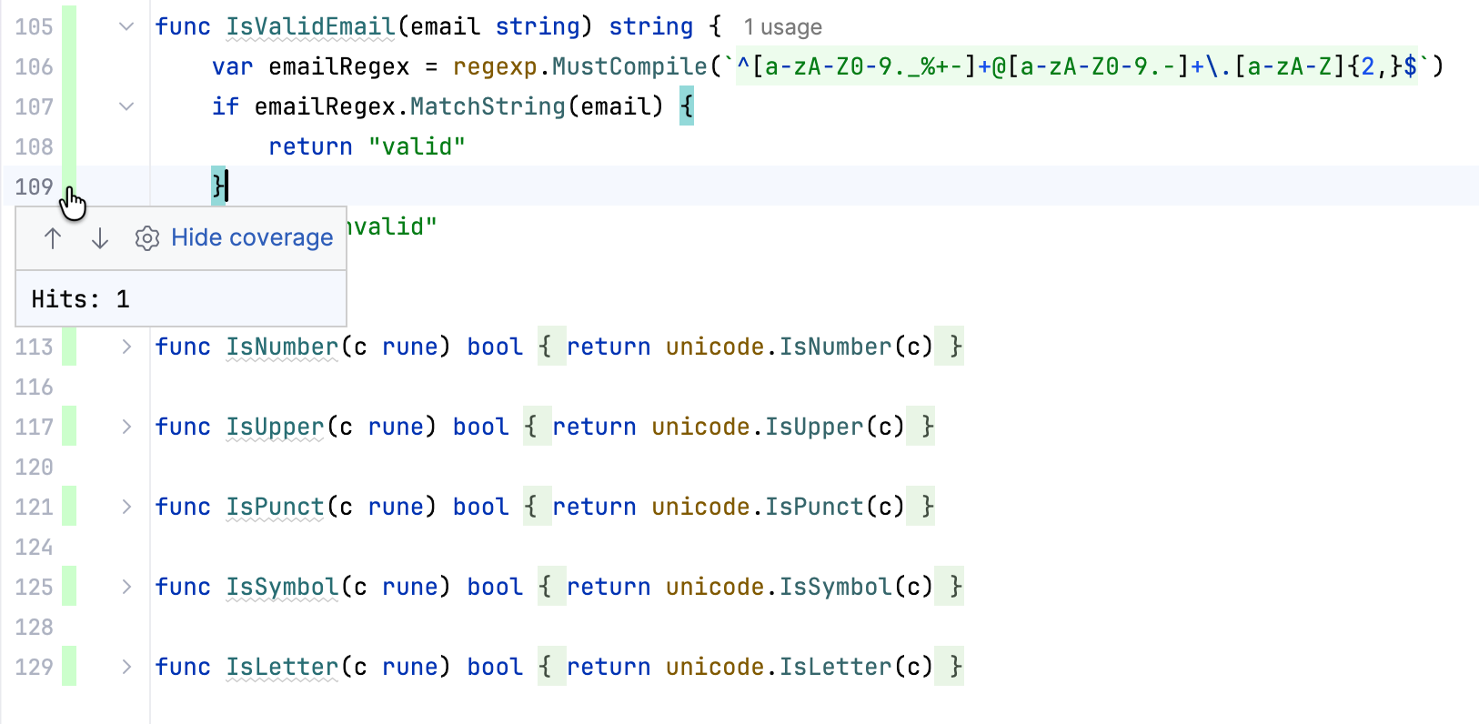 Coverage indicators in the editor