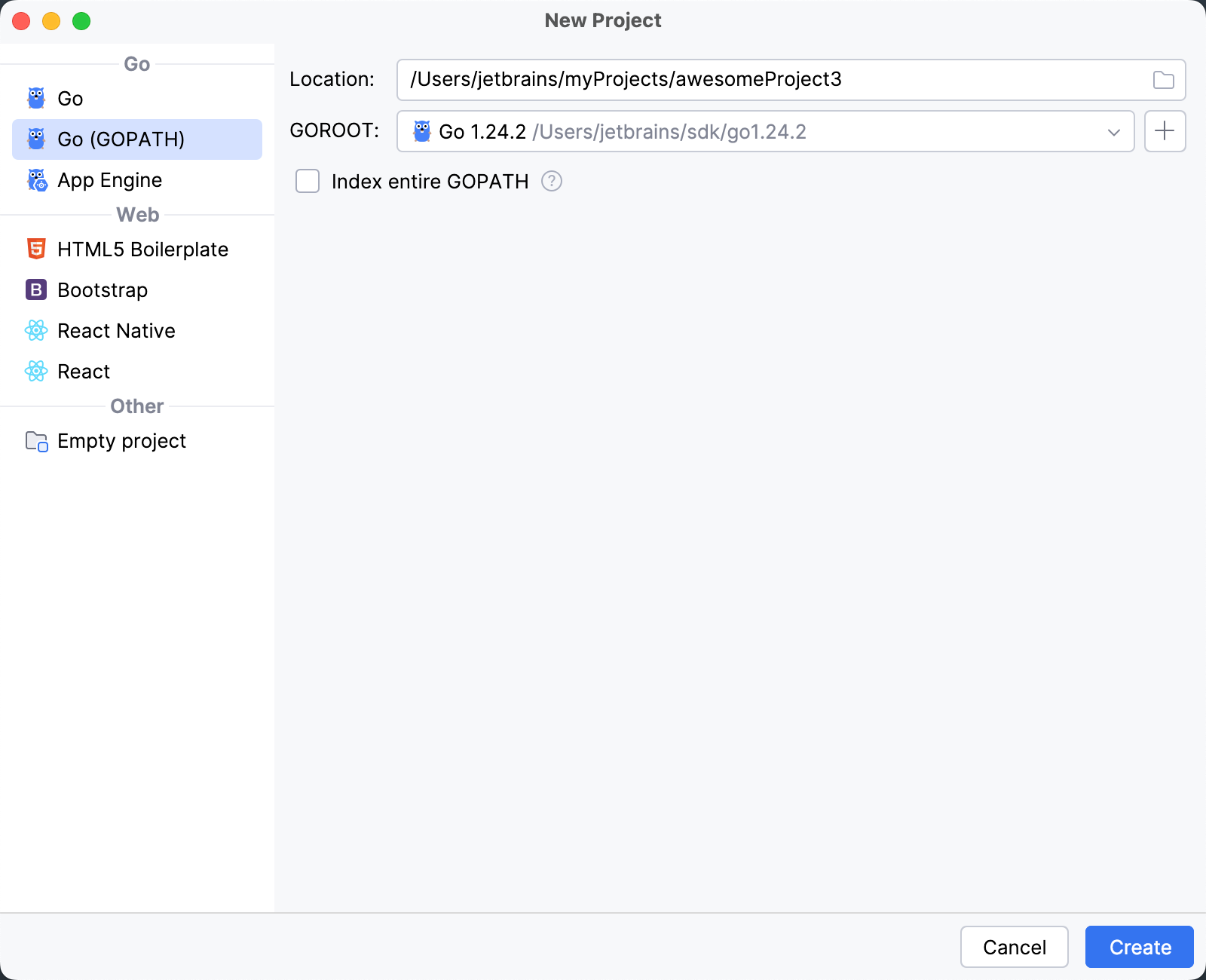 Create a project with Go (GOPATH) integration