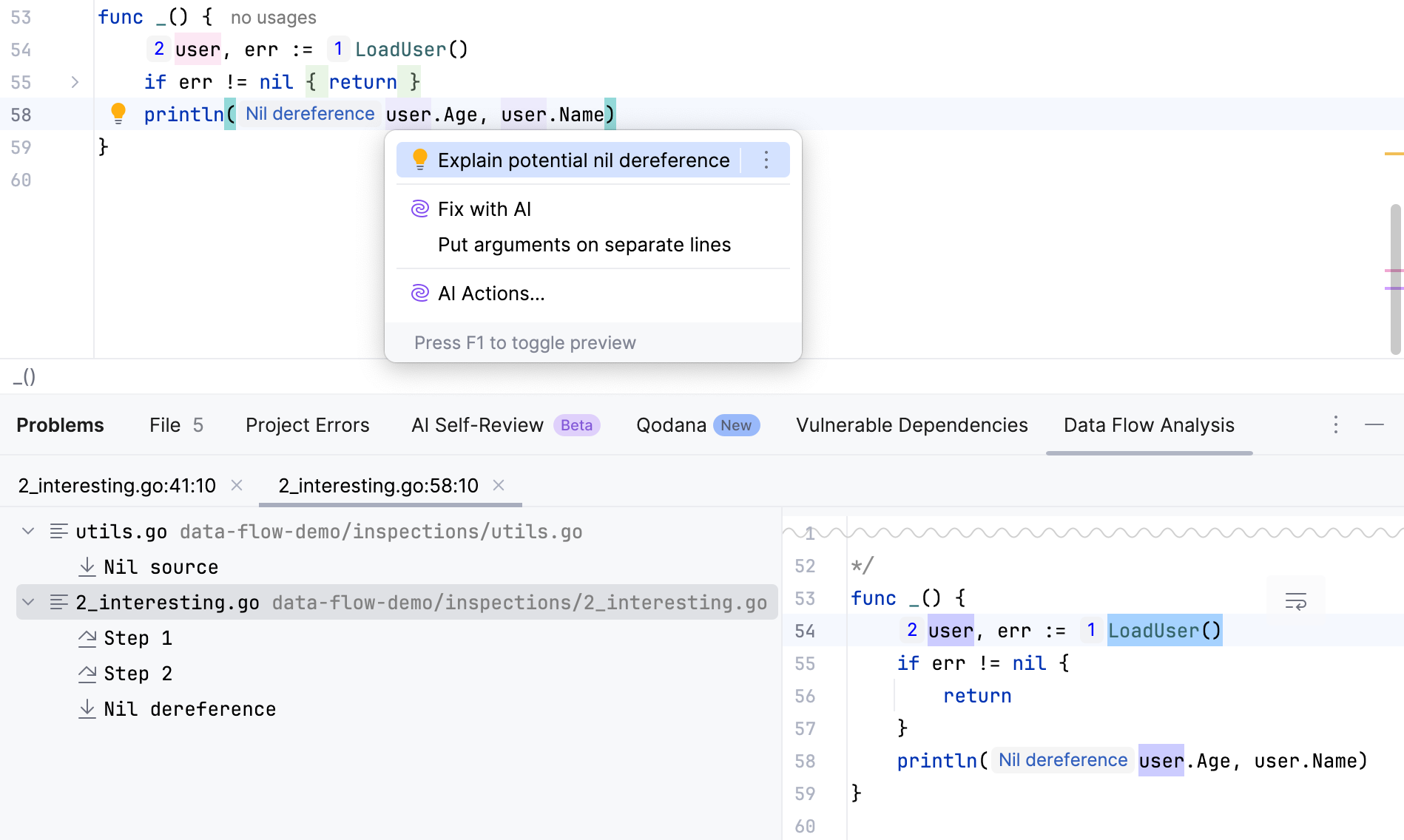 Explain potential nil dereference in GoLand