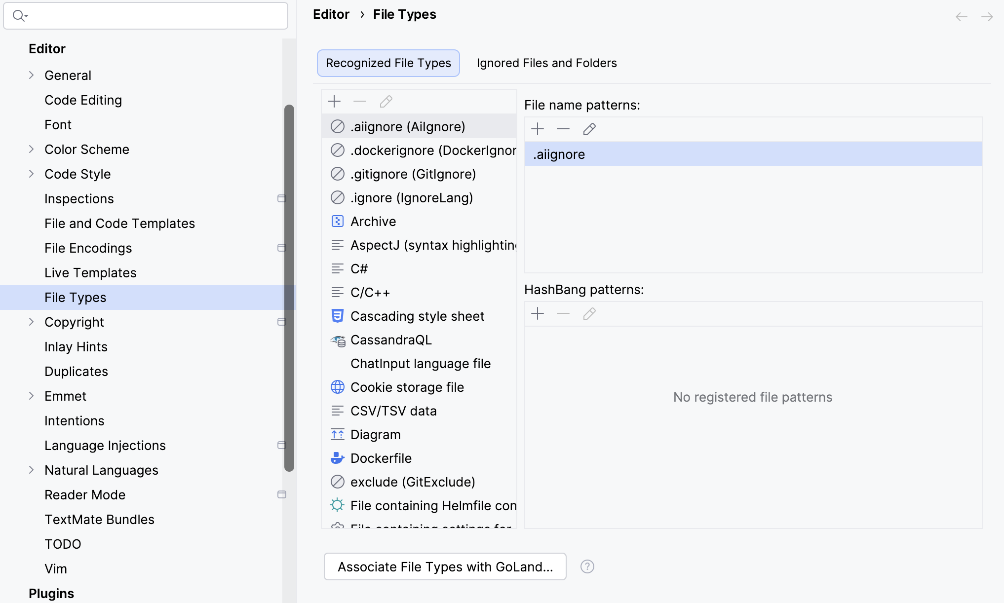 Recognized File Types in the Settings dialog