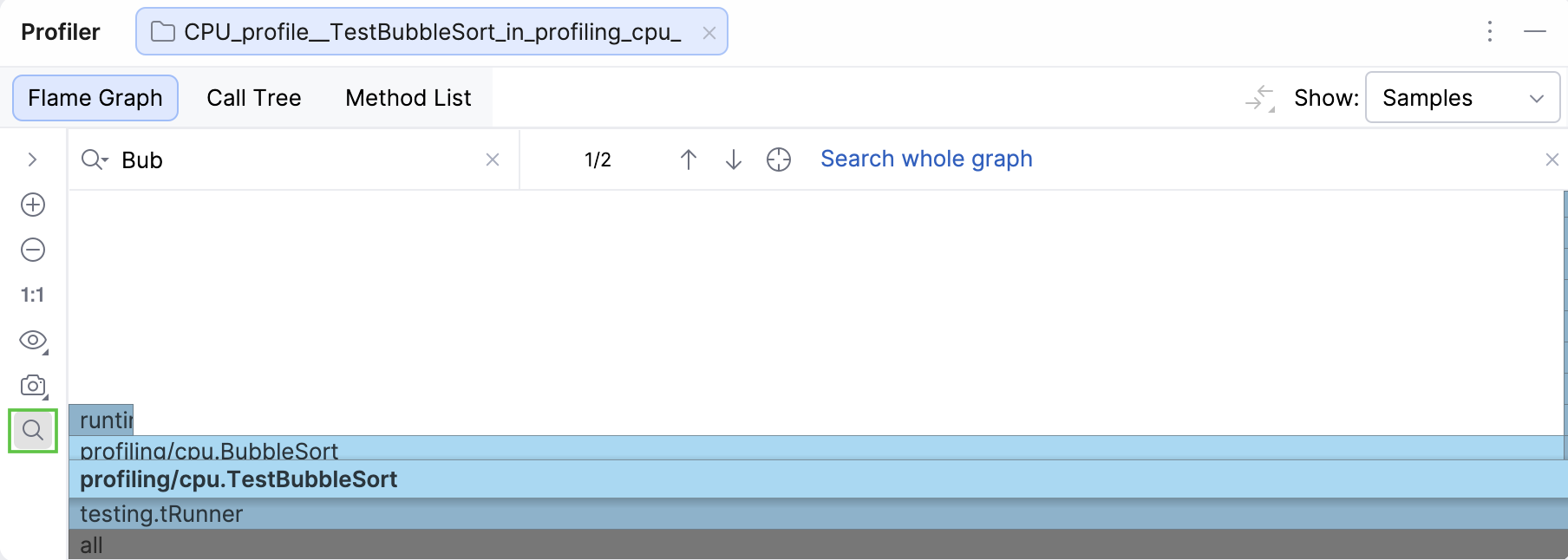 Using the search in the Flame Graph tab Using the search in the Flame Graph tab
