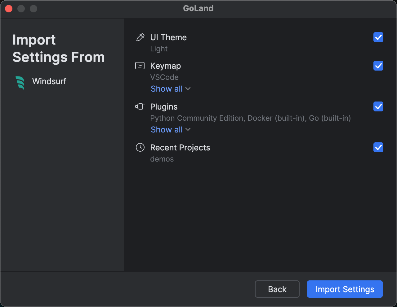 Windsurf settings selection