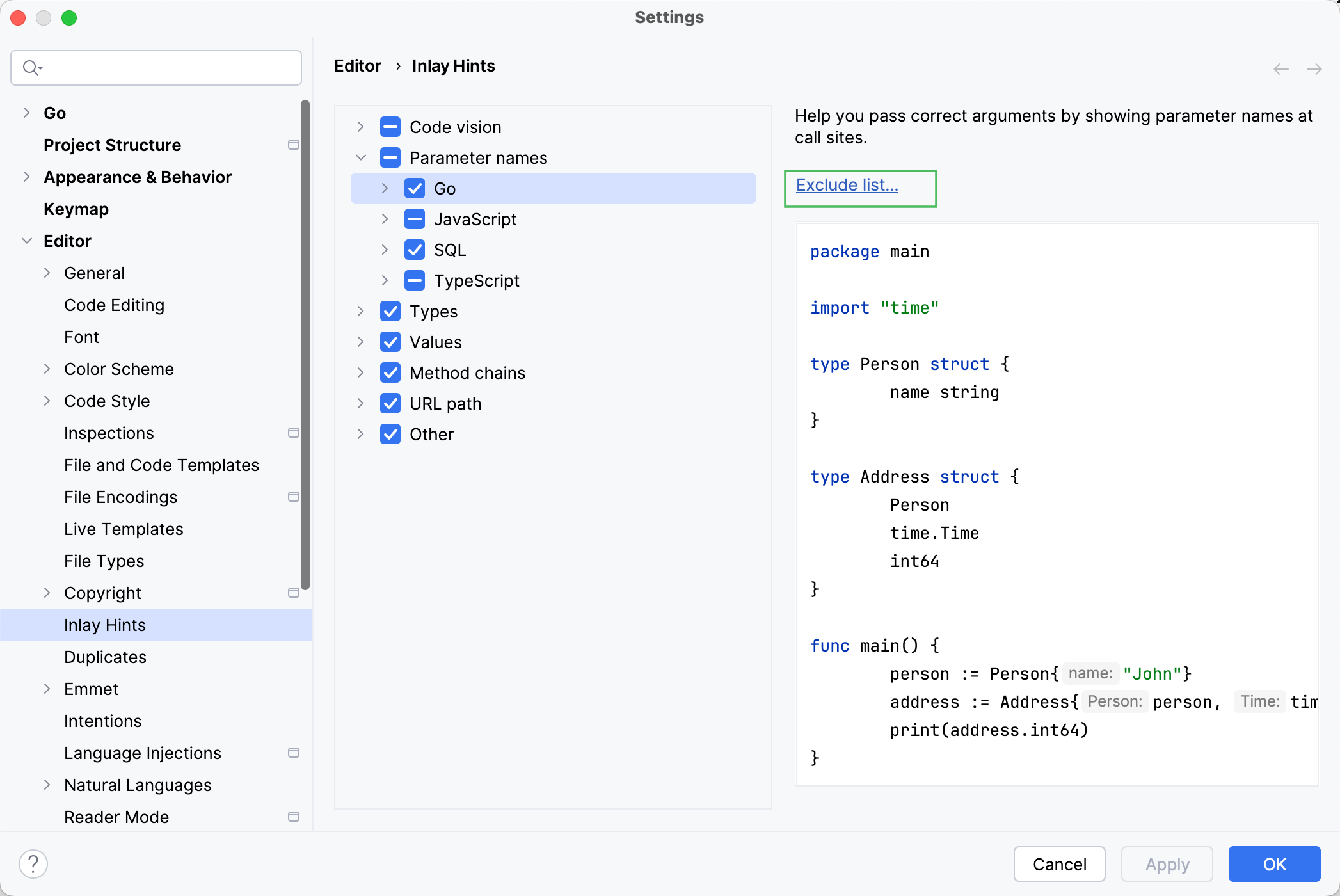 Exclude list for 'Go' in Settings | Inlay Hints