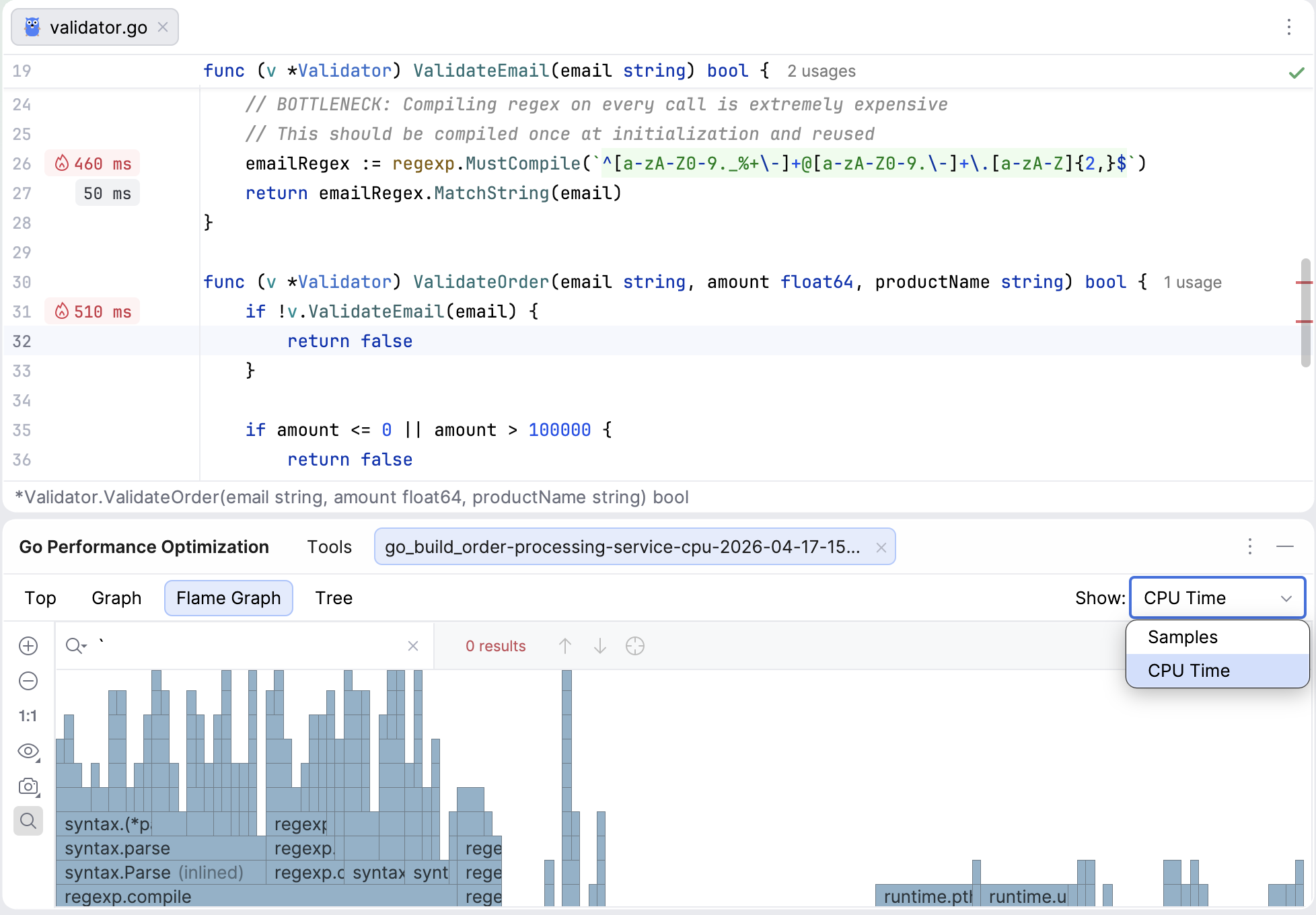 Line profiler hints appear on opening a snapshot