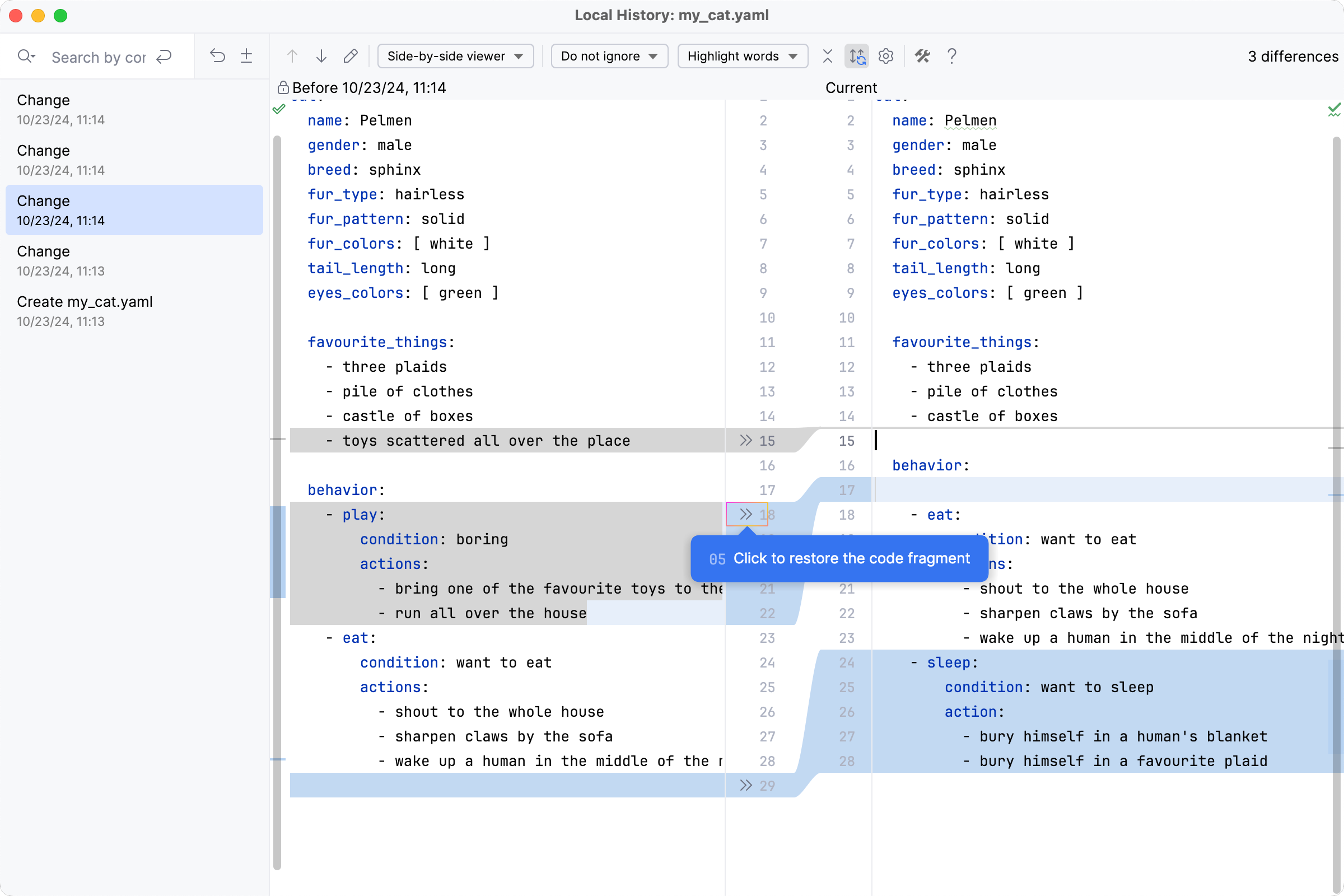 Restore code fragment from Local History Restore code fragment from Local History