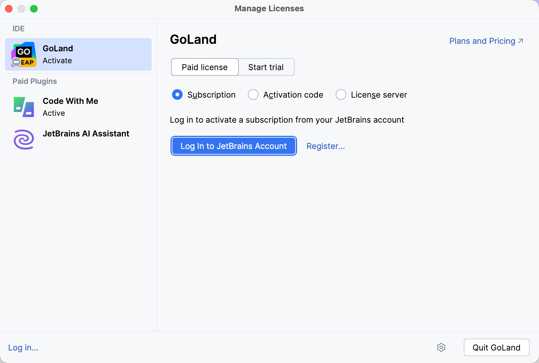Activate GoLand license with a JB Account