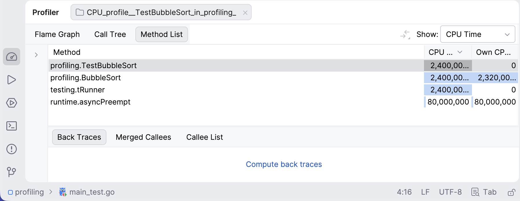 Method list view in the CPU profiler Method list view in the CPU profiler
