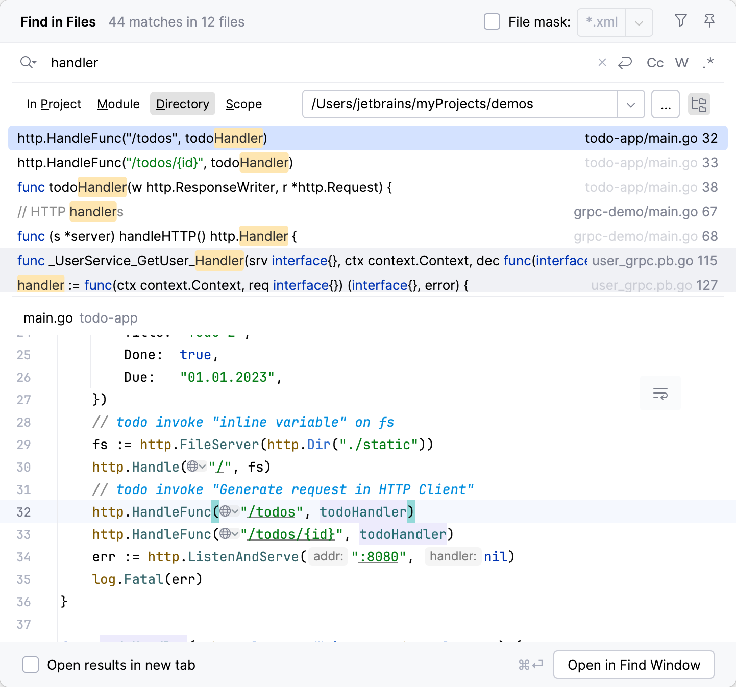 Customize GoLand: search and replace