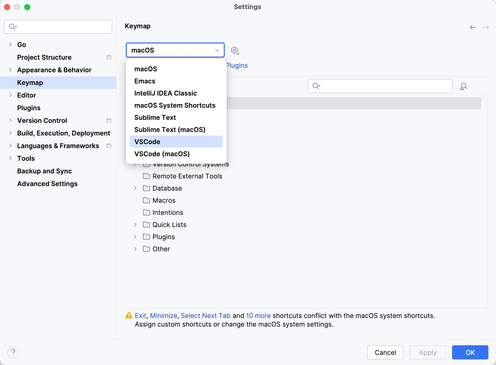 Set the VS Code keymap as default