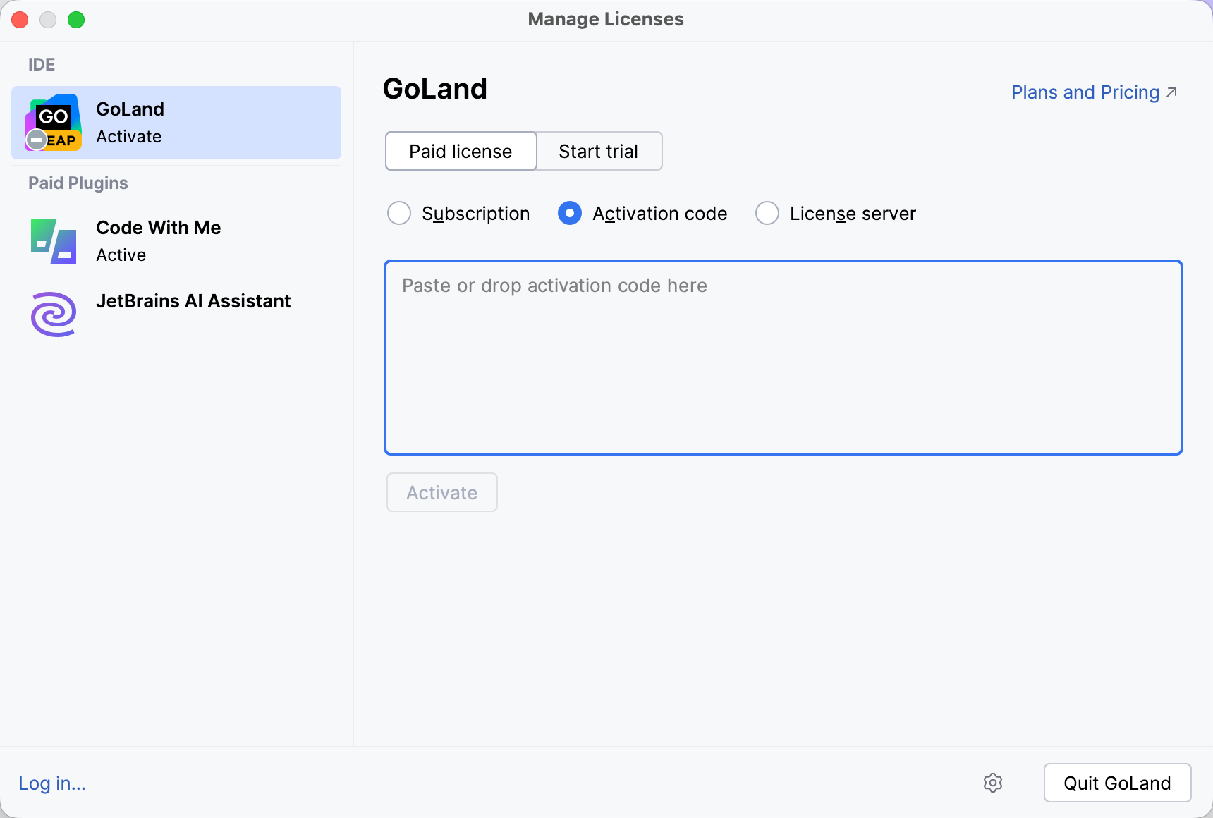 Activate GoLand license with an activation code