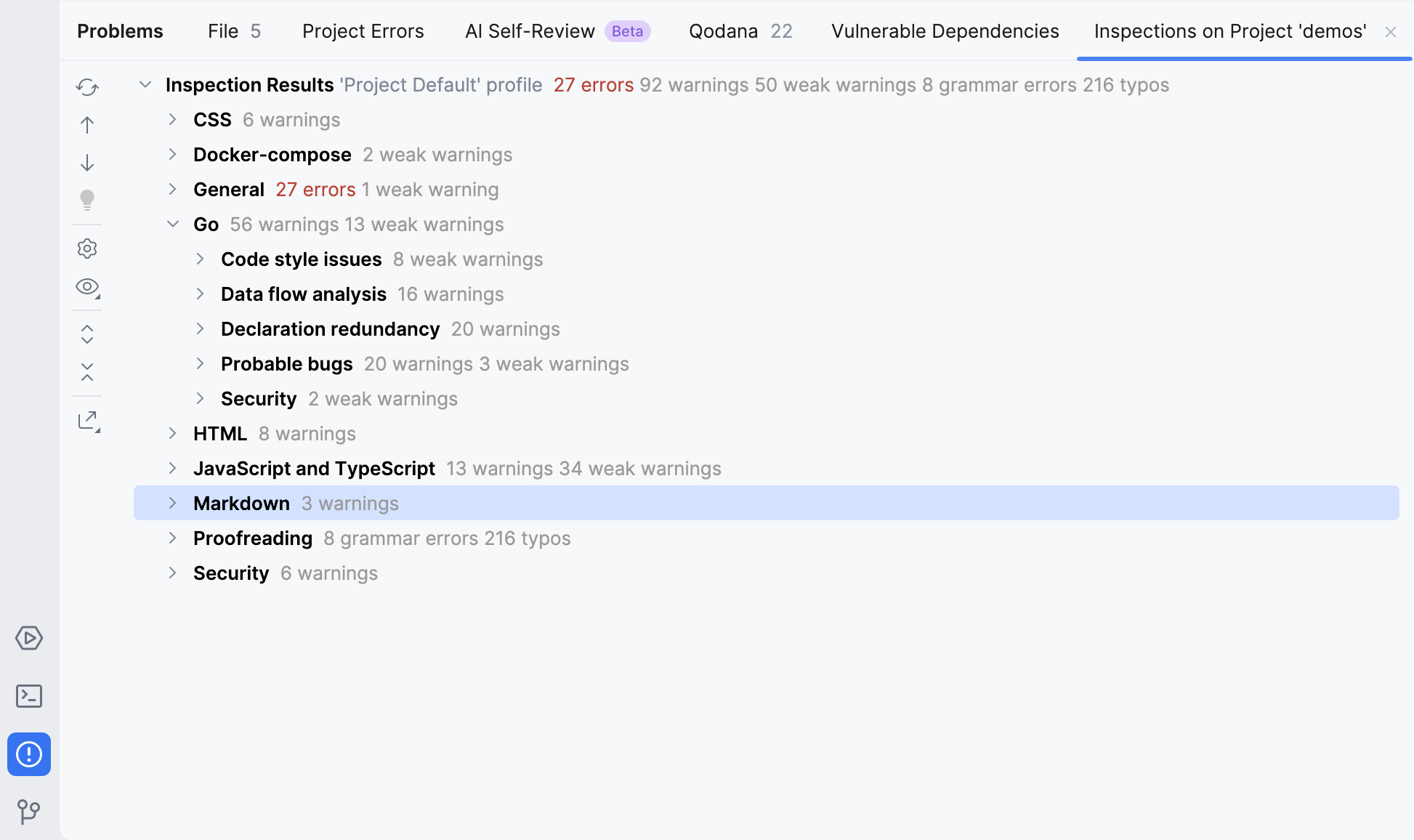 GoLand: Problems tool window. Current File tab