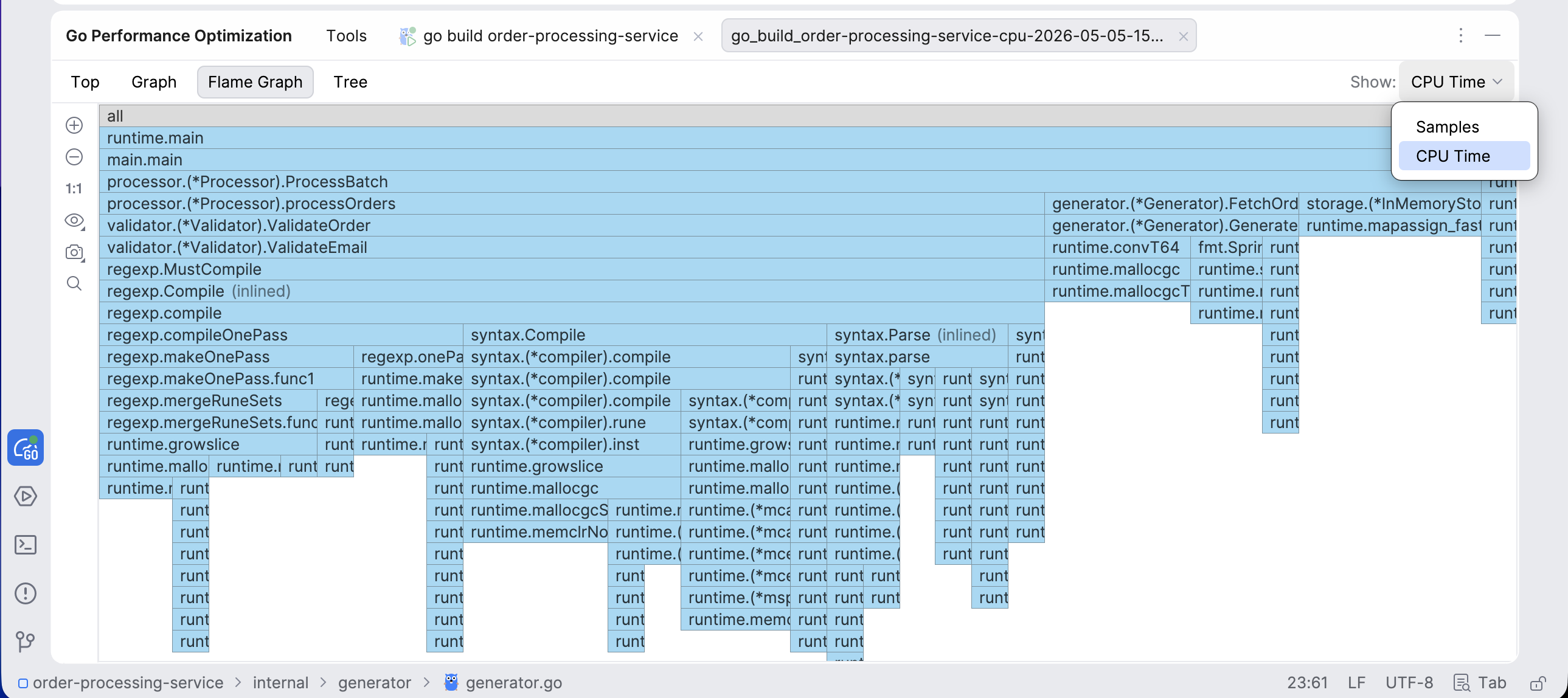 Flame graph in Go profiler