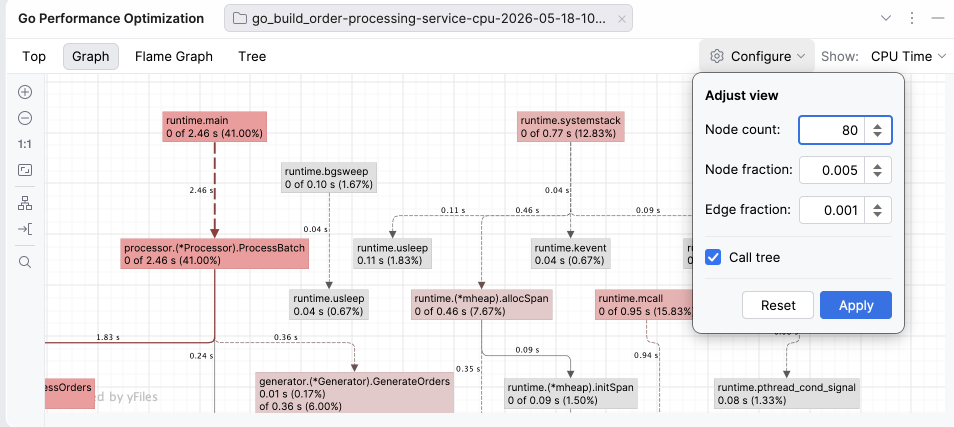 Graph settings in the Go profiler Graph settings in the Go profiler
