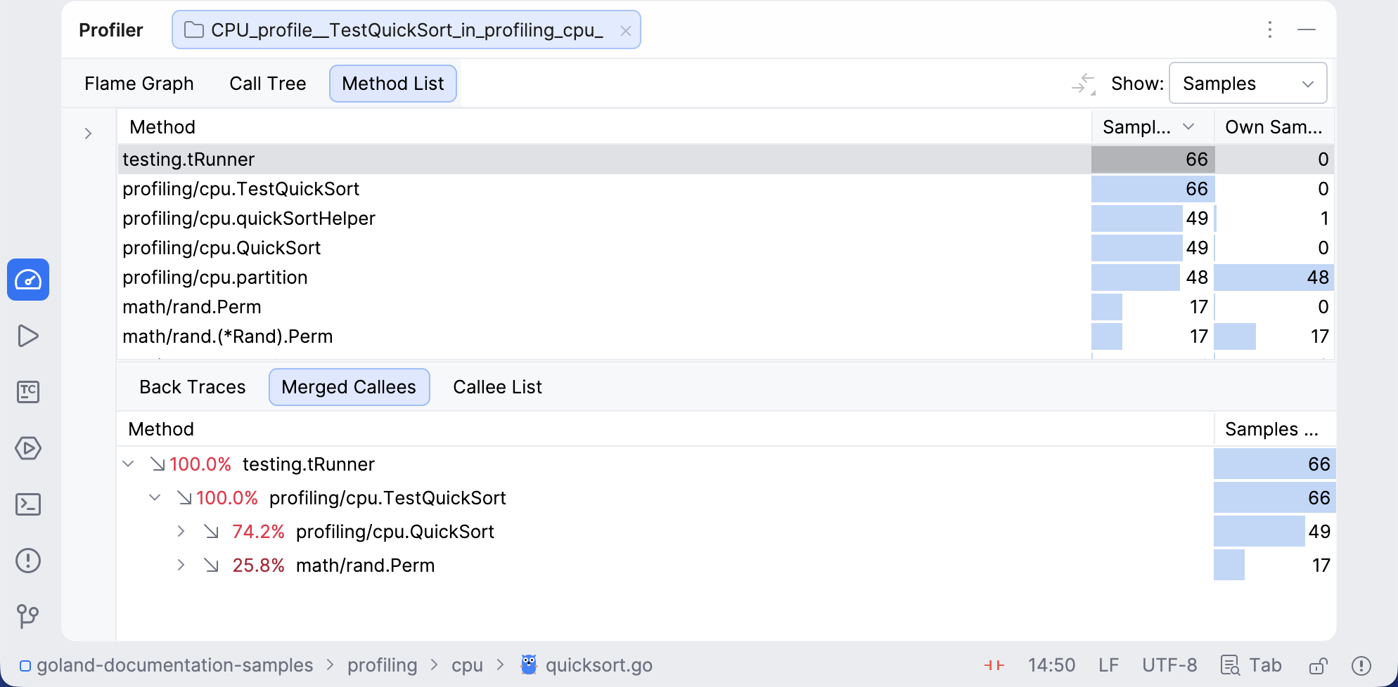 method list tab in the profiler results method list tab in the profiler results