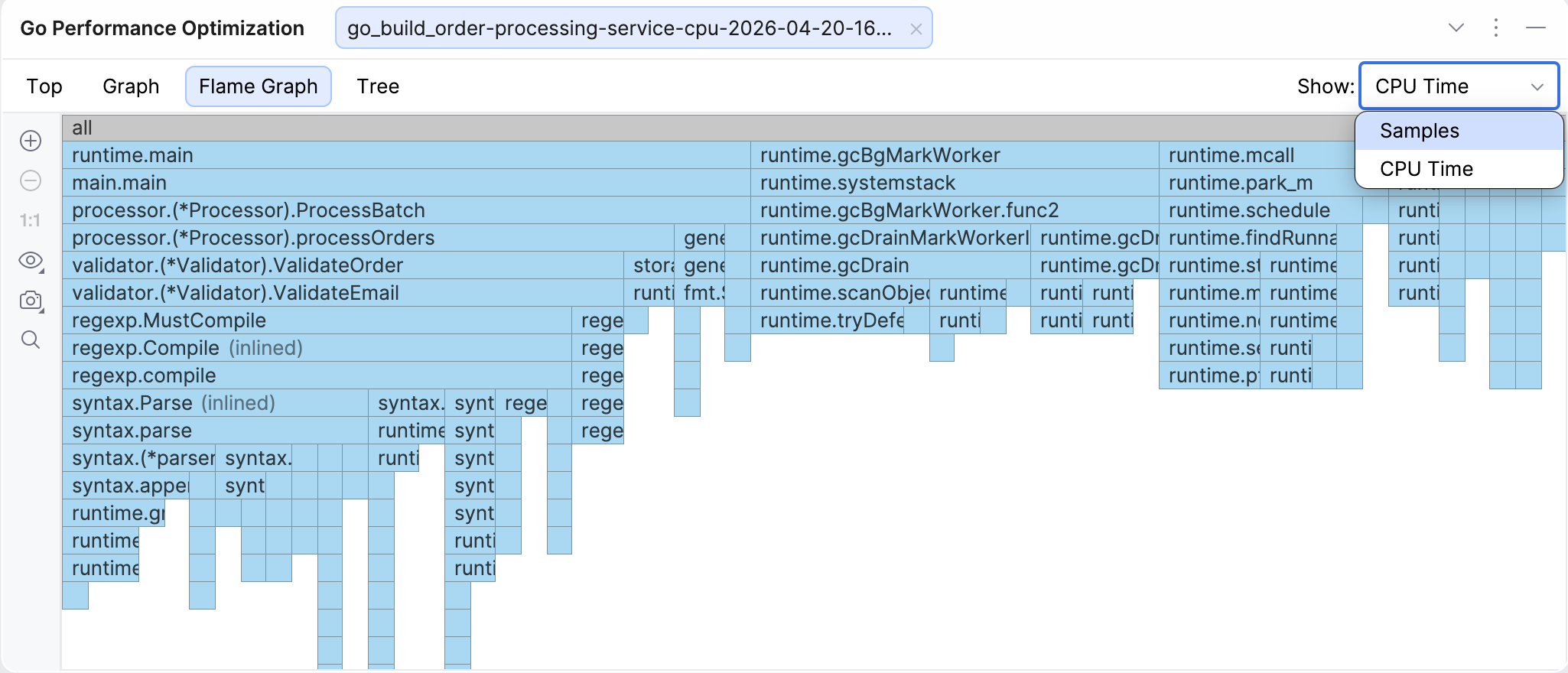 The Show menu in the Go Performance Optimization tool window