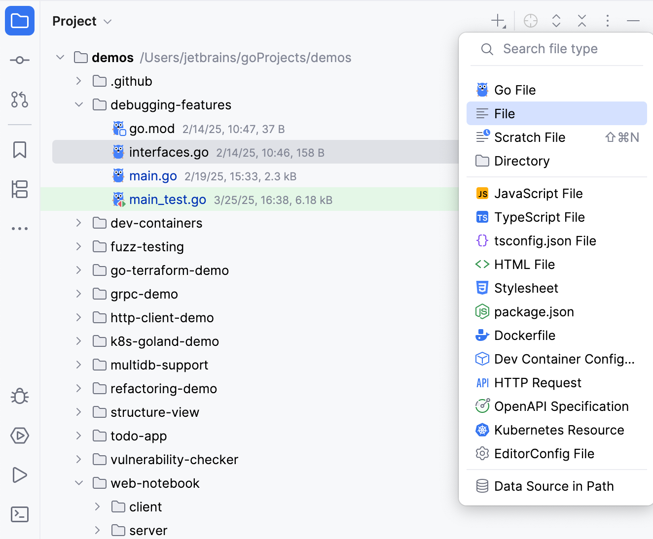 Add files from Project tool window toolbar