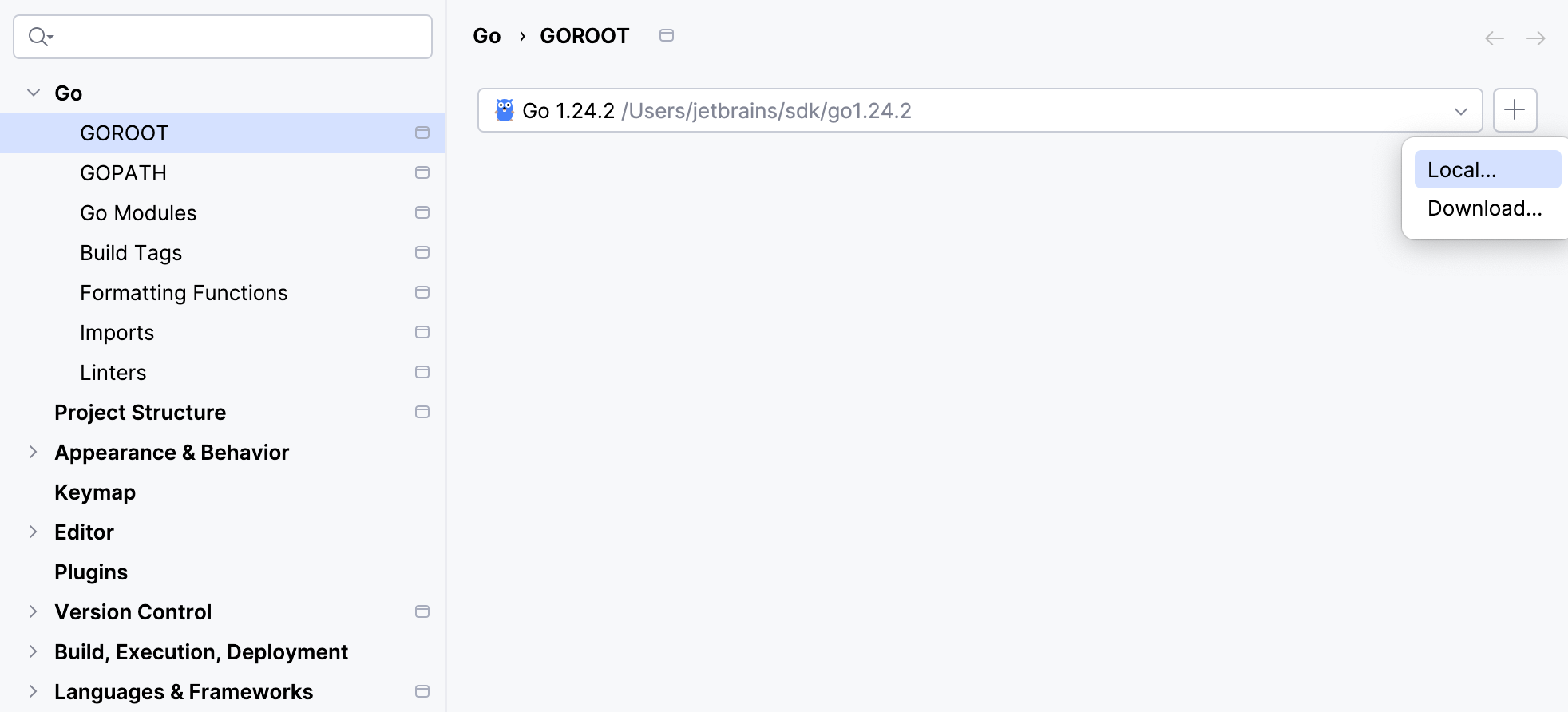 Select a local copy of Go SDK