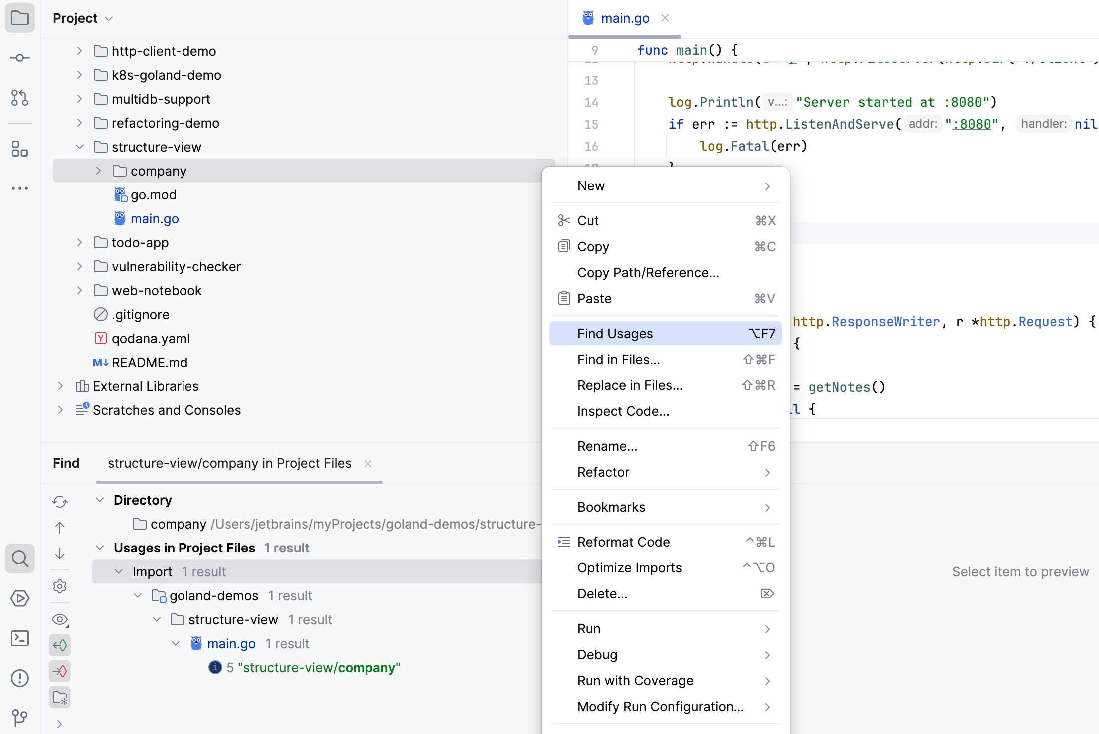 the Find Usages action is available in the context menu in the Project tool window