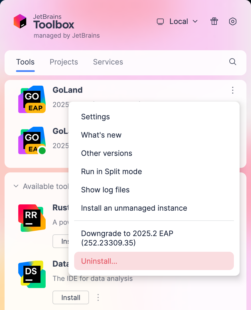 Uninstall GoLand using the Toolbox App Uninstall GoLand using the Toolbox App