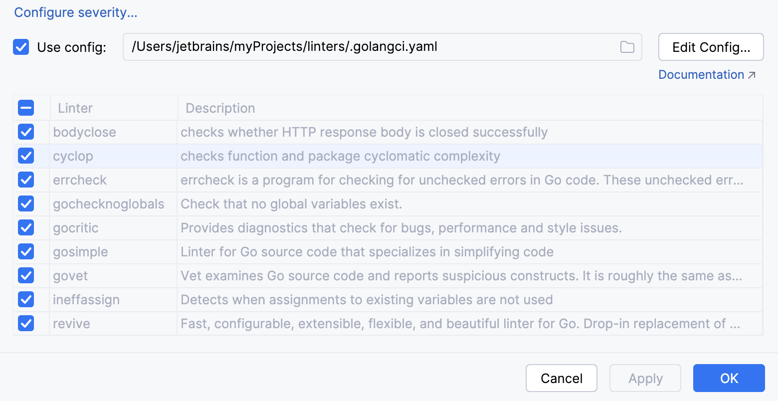 Use a custom configuration file for golangci-lint