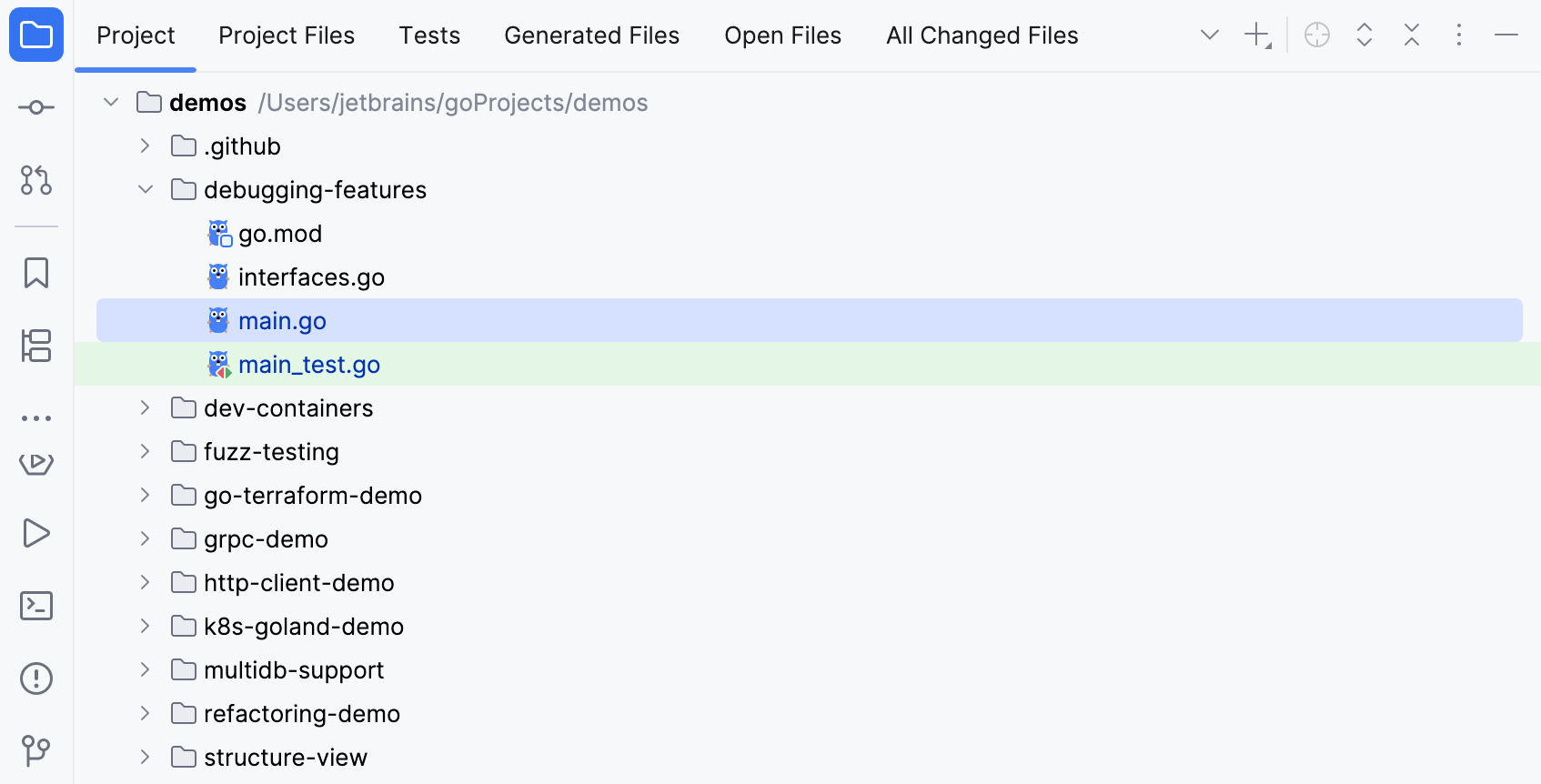 GoLand: choosing a view in the Project tool window
