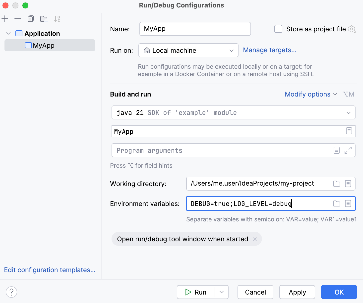 'Environment variables' field in run configuration settings
