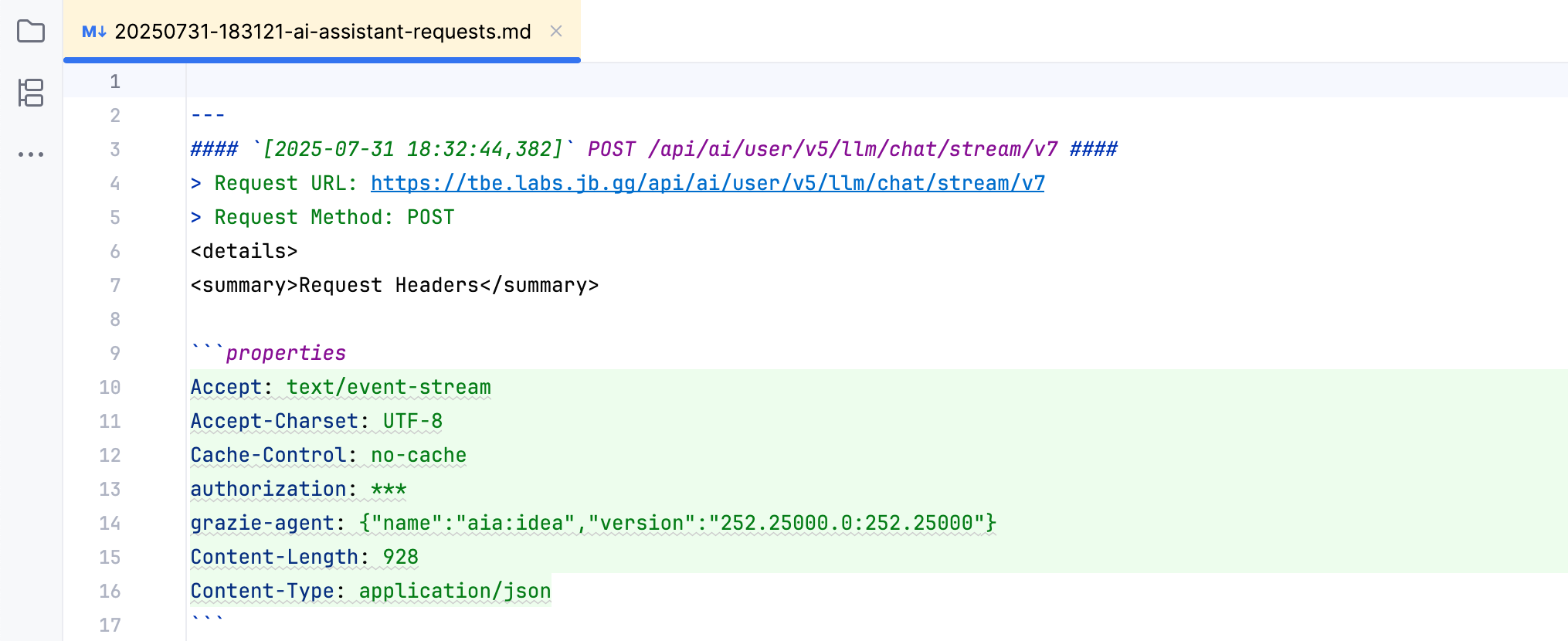 File with AI&nbsp;Assistant requests log