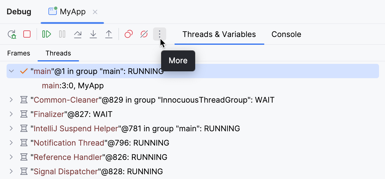 The More button on the Debug tool window toolbar The More button on the Debug tool window toolbar
