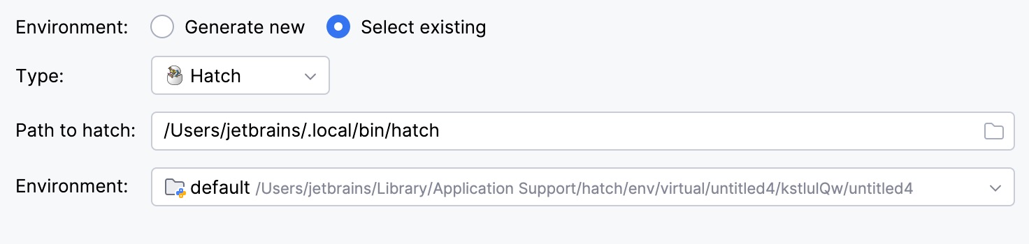 Select existing Hatch environment