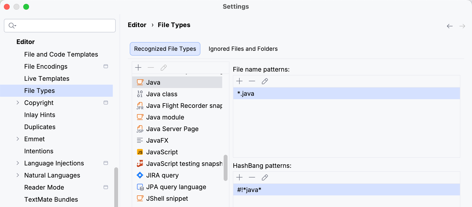 Recognized File Types in the Settings dialog Recognized File Types in the Settings dialog