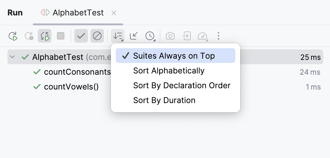 Filter test results options in the tests results toolbar