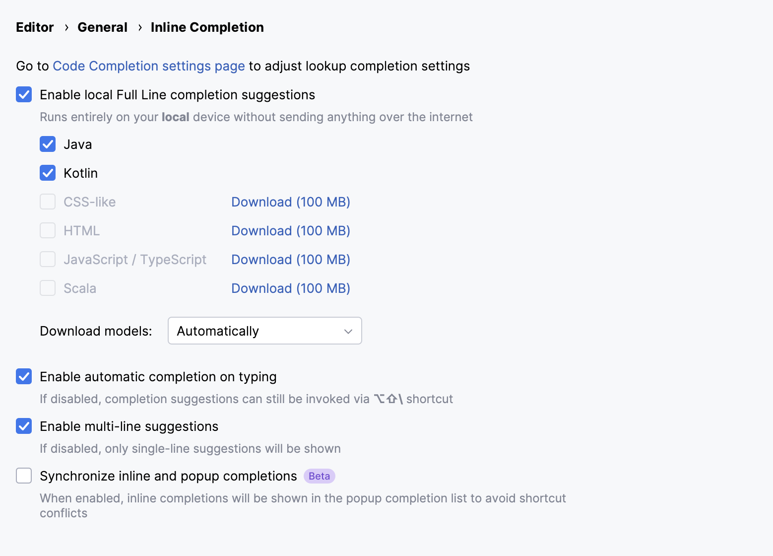 Enabling full line code completion