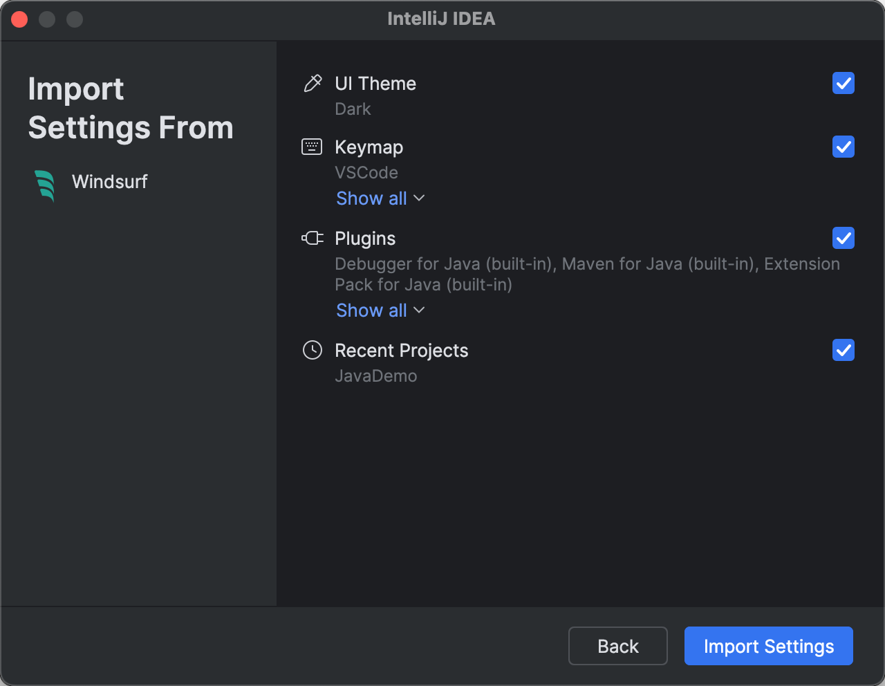 Windsurf settings selection