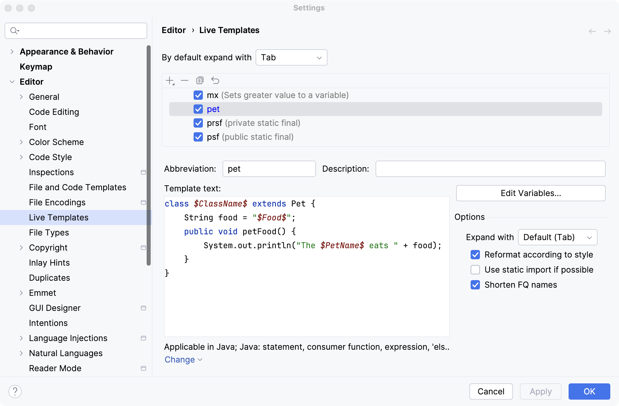 Create a live template