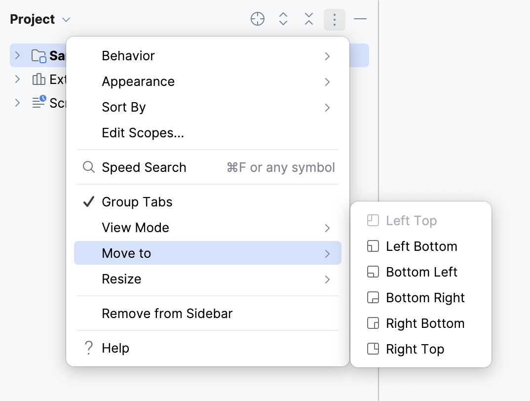 Tool window options menu: Move to Tool window options menu: Move to