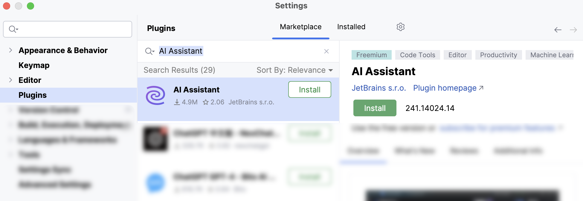 AI&nbsp;Assistant in the list of available plugins in the marketplace