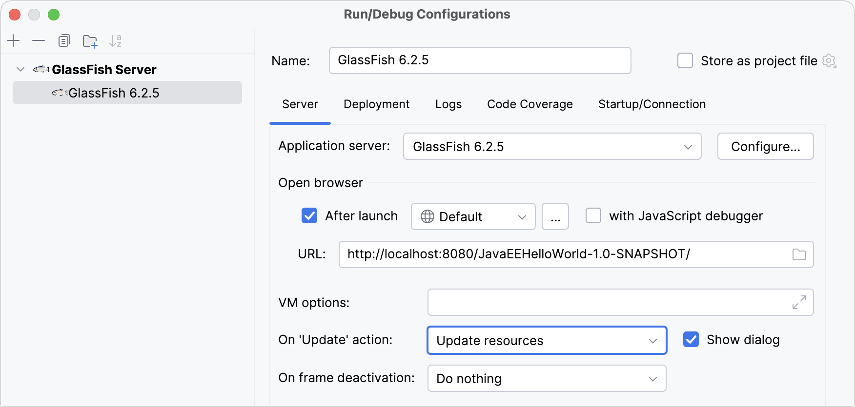 Configure application update actions in the GlassFish run configuration Configure application update actions in the GlassFish run configuration
