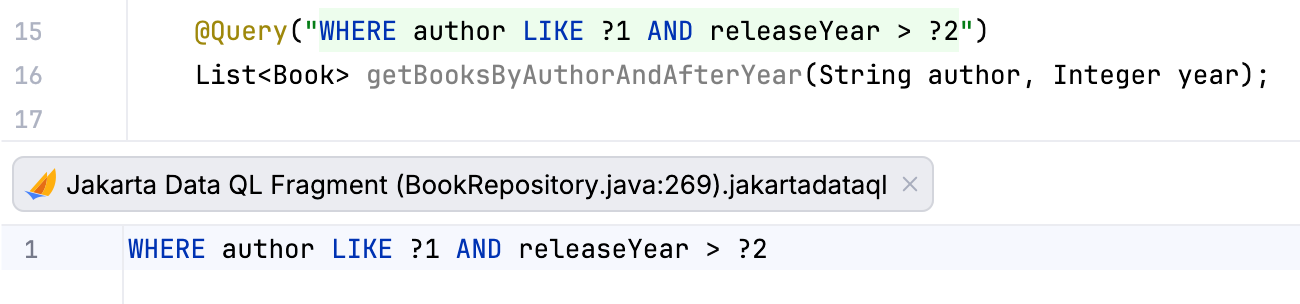 JDQL query in a dedicated fragment editor
