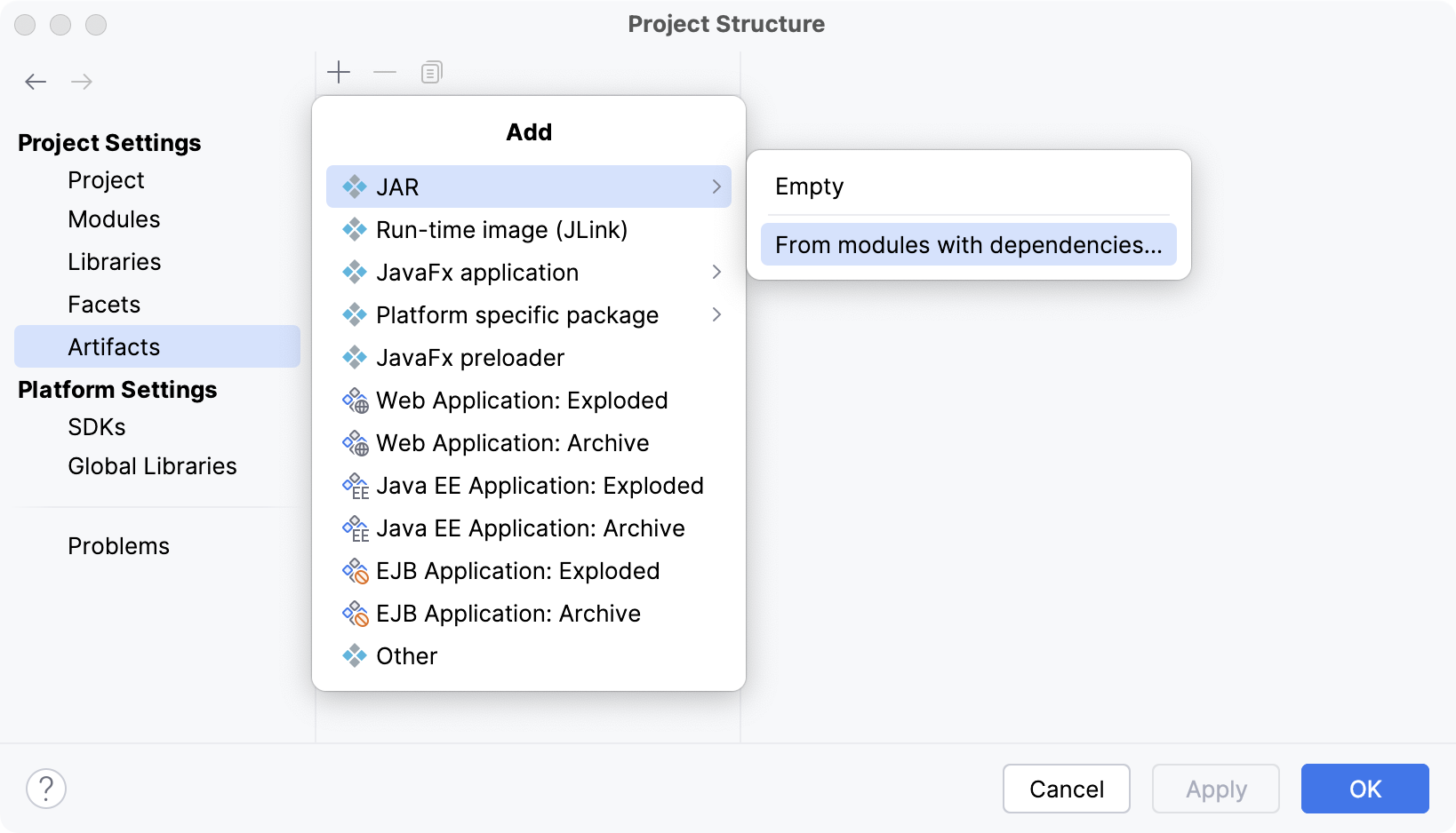 Adding new artifact in the Project Structure dialog Adding new artifact in the Project Structure dialog