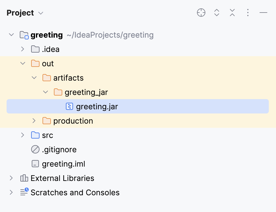 The resulting JAR in the out directory viewed using the Project Tool Window The resulting JAR in the out directory viewed using the Project Tool Window