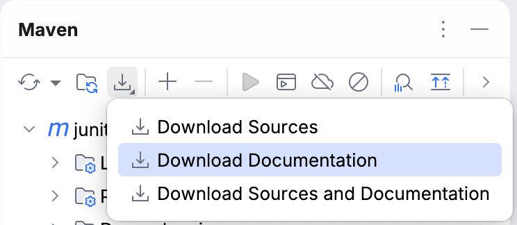 Location of the Download Documentation button in the Maven tool window