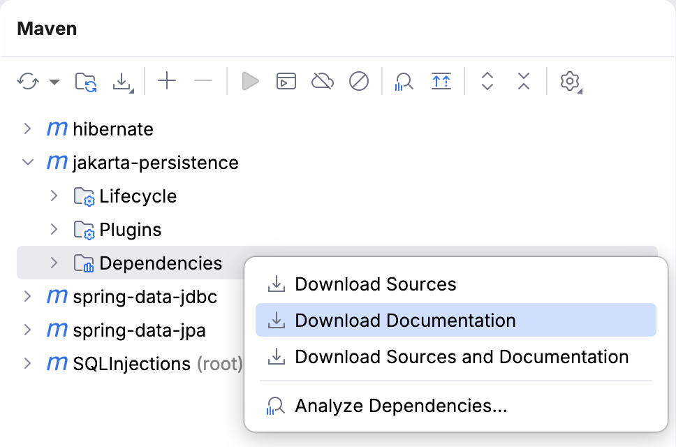 Download Documentation option in the Maven tool window Download Documentation option in the Maven tool window