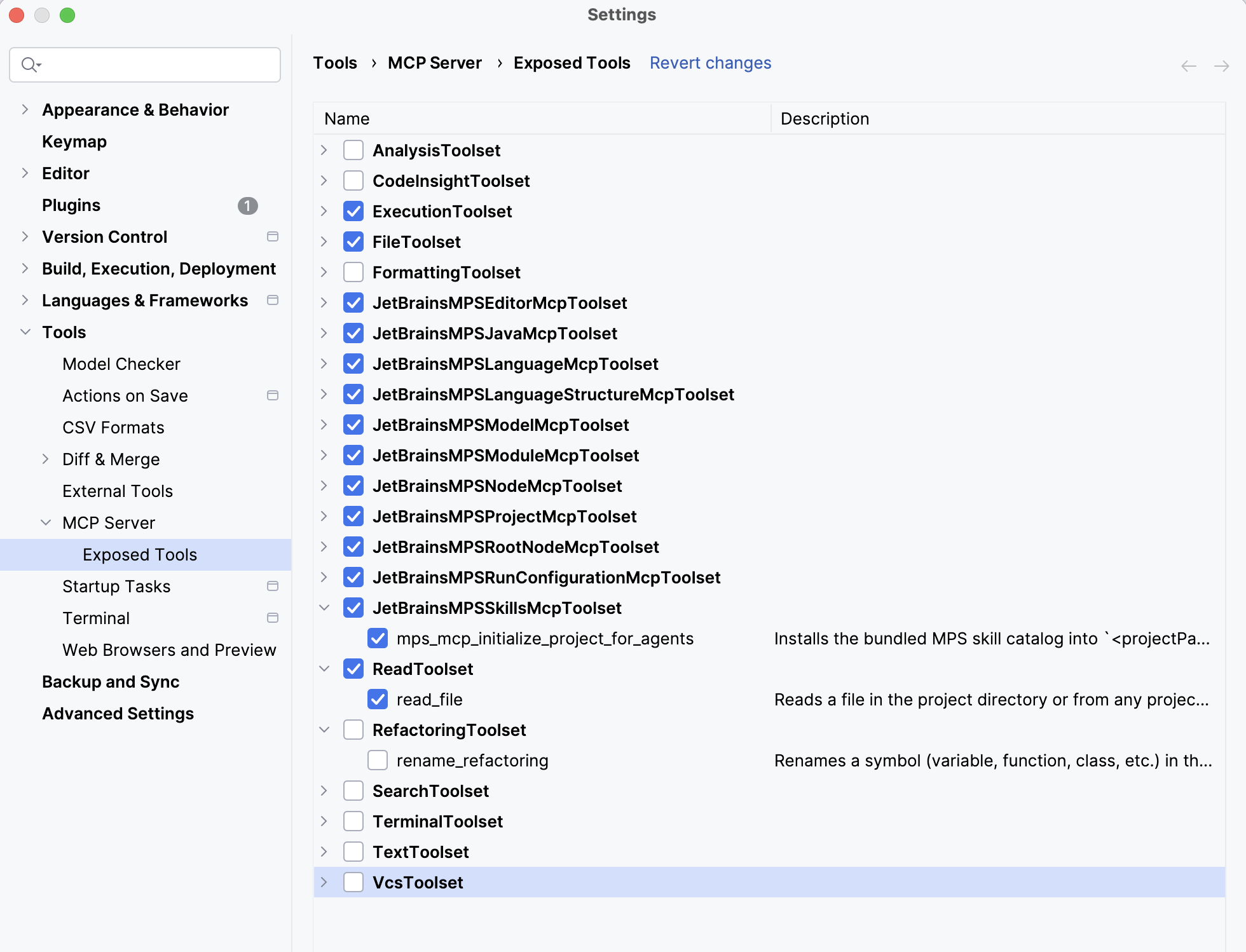 Settings | Tools | MCP Server | Exposed Tools showing a list of MCP tools with checkboxes to enable or disable each one. Settings | Tools | MCP Server | Exposed Tools showing a list of MCP tools with checkboxes to enable or disable each one.