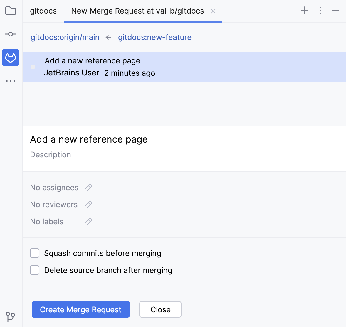 Merge Requests tool window with a new merge request