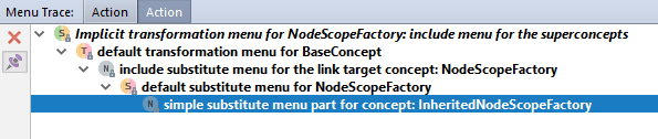 Menu Trace tool window showing a tree of menu items with a bold entry highlighted at the bottom, indicating a navigable node for a substitute menu part Menu Trace tool window showing a tree of menu items with a bold entry highlighted at the bottom, indicating a navigable node for a substitute menu part