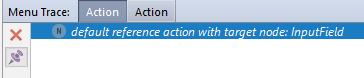 Menu Trace tool window showing a single italic entry for a default reference action, indicating an implicit menu part with no definition node Menu Trace tool window showing a single italic entry for a default reference action, indicating an implicit menu part with no definition node