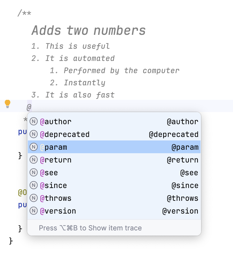 Example of inserting a javadoc comment Example of inserting a javadoc comment